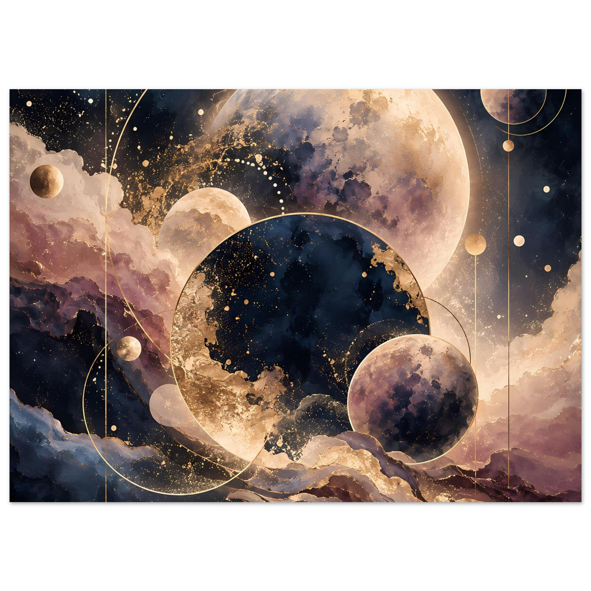 Poster im Querformat: farbiger Planetenkosmos mit goldenen Verzierungen und Sternen