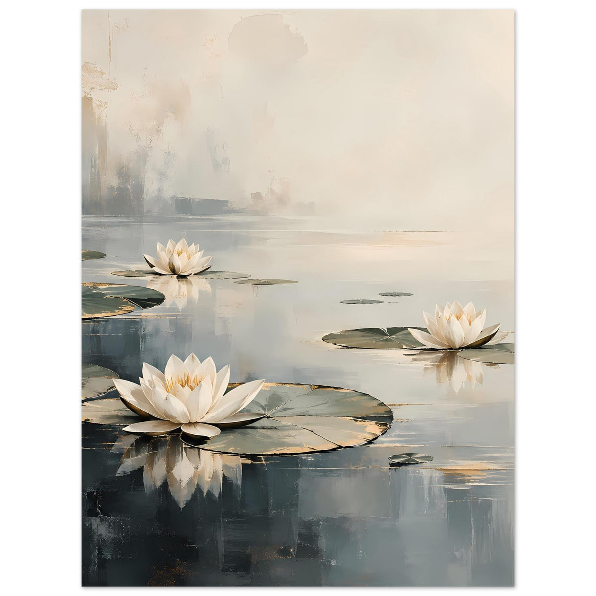 Poster mit weißen Seerosen auf Wasserlinsen, zarte Pastell- und Graunuancen