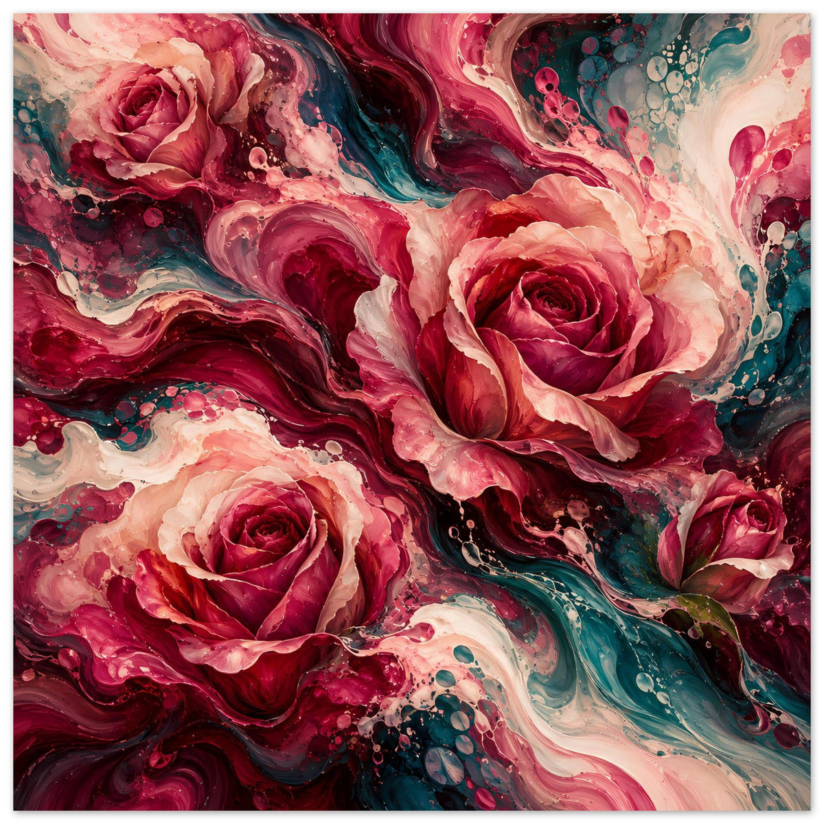 Blumenposter mit abstrakten Rosen in Rot und Türkis, quadratisch mit geschwungener Farbtextur.