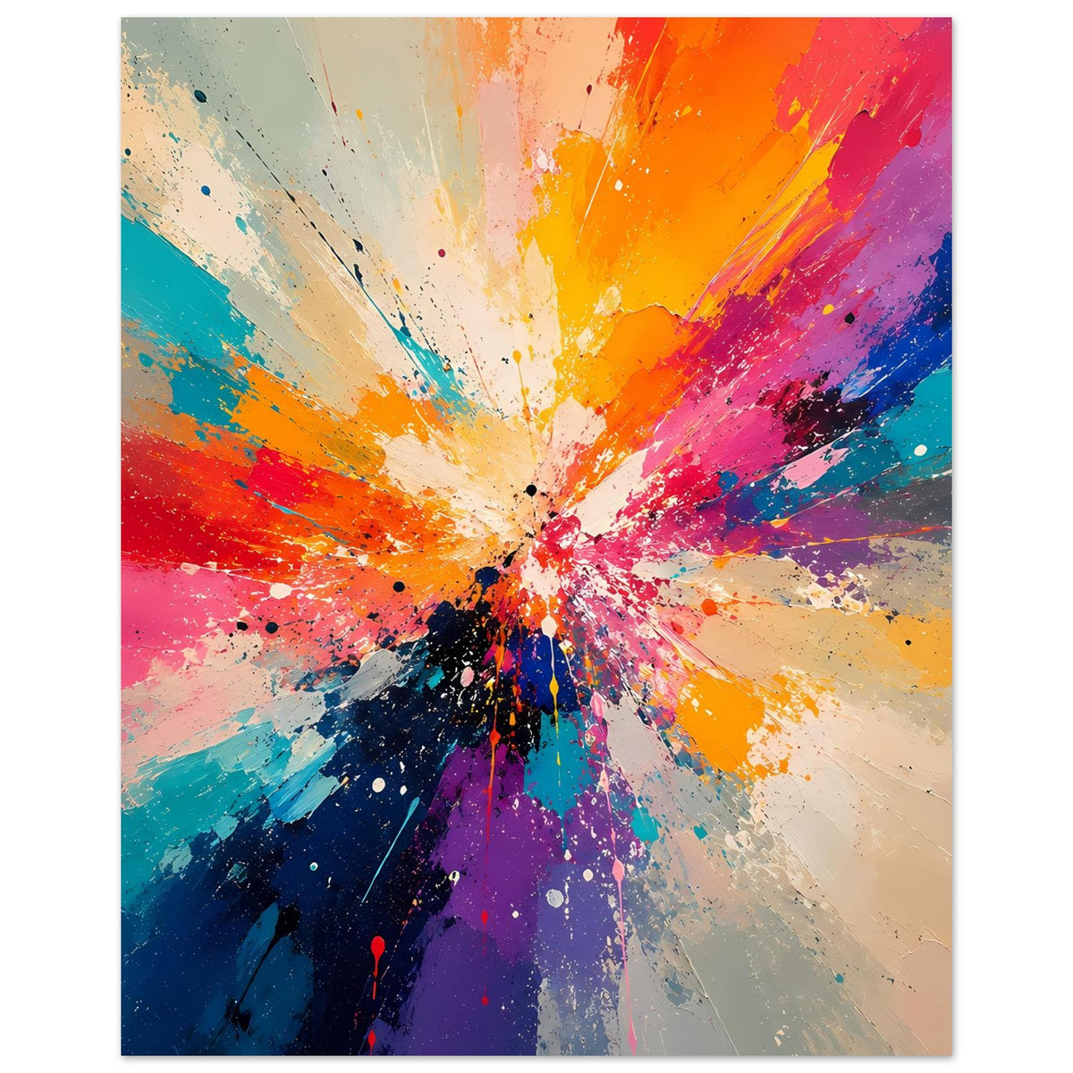 Abstrakter Kunstdruck im Hochformat: bunter Strahlenwirbel in der Mitte, mit Spritzern.