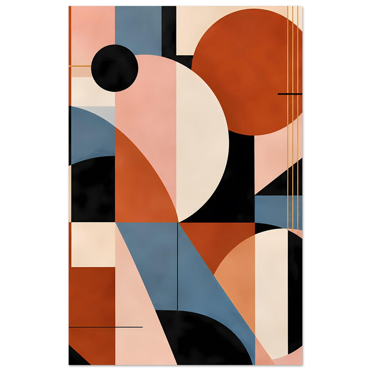Geometrisches Kunstposter: orangefarbener Kreis, weißer Kreis, schwarze Kugel oben links