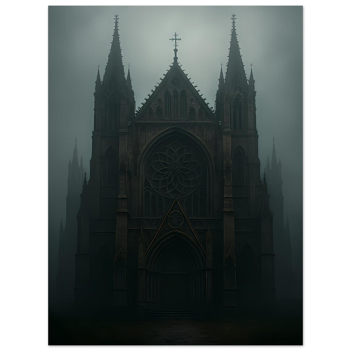 Gotisches Kathedralenposter im Hochformat mit dunkler Fassade, Portalbogen und Türmen im Nebel