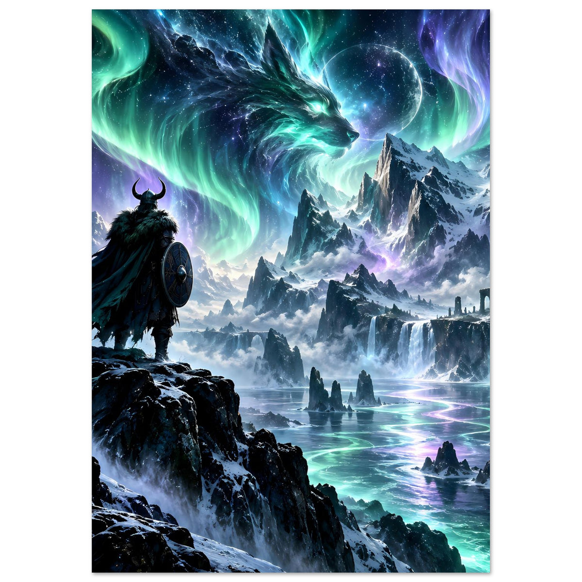 Fantasy-Poster im Hochformat: Krieger vor eisigen Bergen, Drachenkopf und Polarlicht über See
