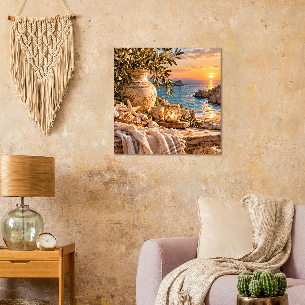 Gerahmtes Wandbild mit Strandstillleben: Olivenzweige, Muscheln und Sonnenuntergang