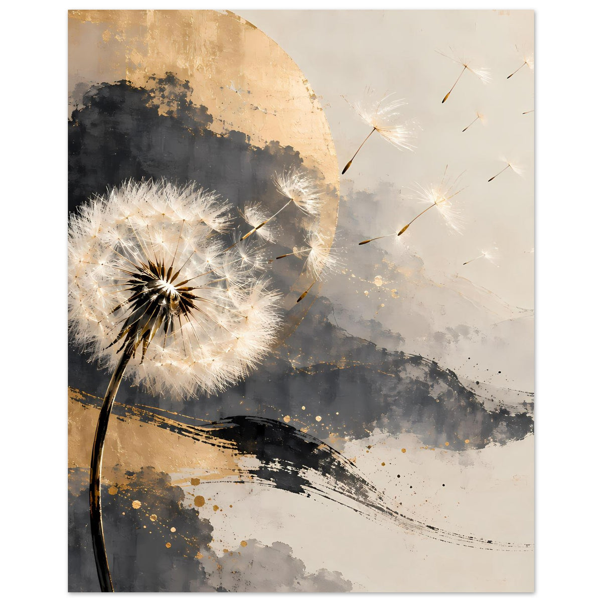 Kunstposter: Pusteblume im Fokus, Gold-Grau-Pinselstriche und feine Samenflüge