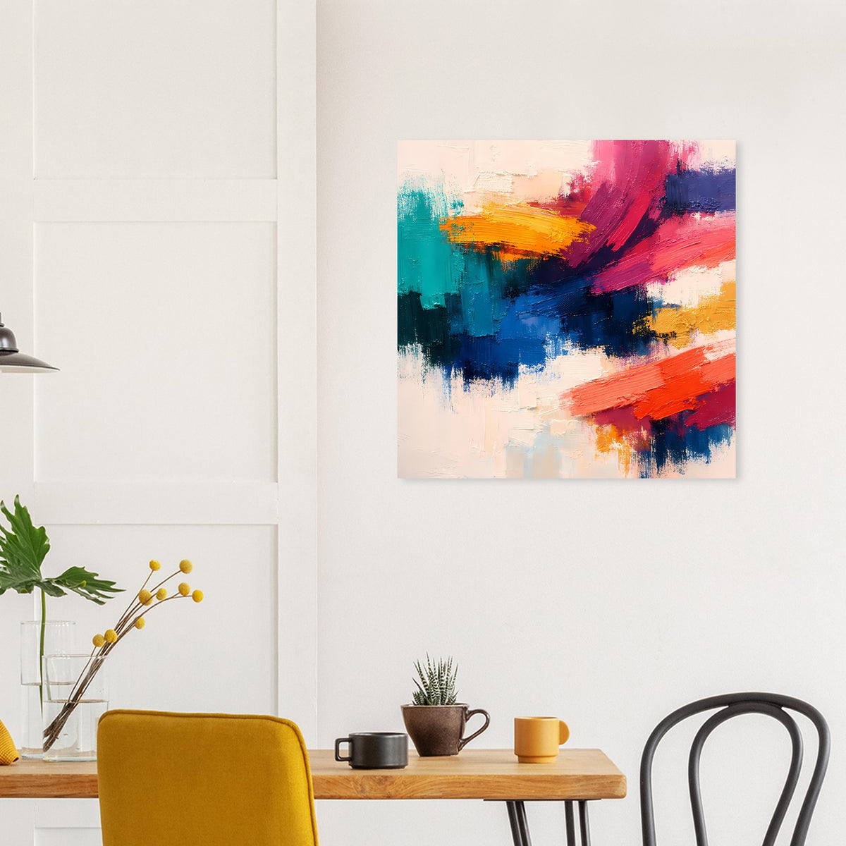 Abstraktes Expressionismus-Poster mit bunten, verwischten Pinselstrichen auf hellem Grund