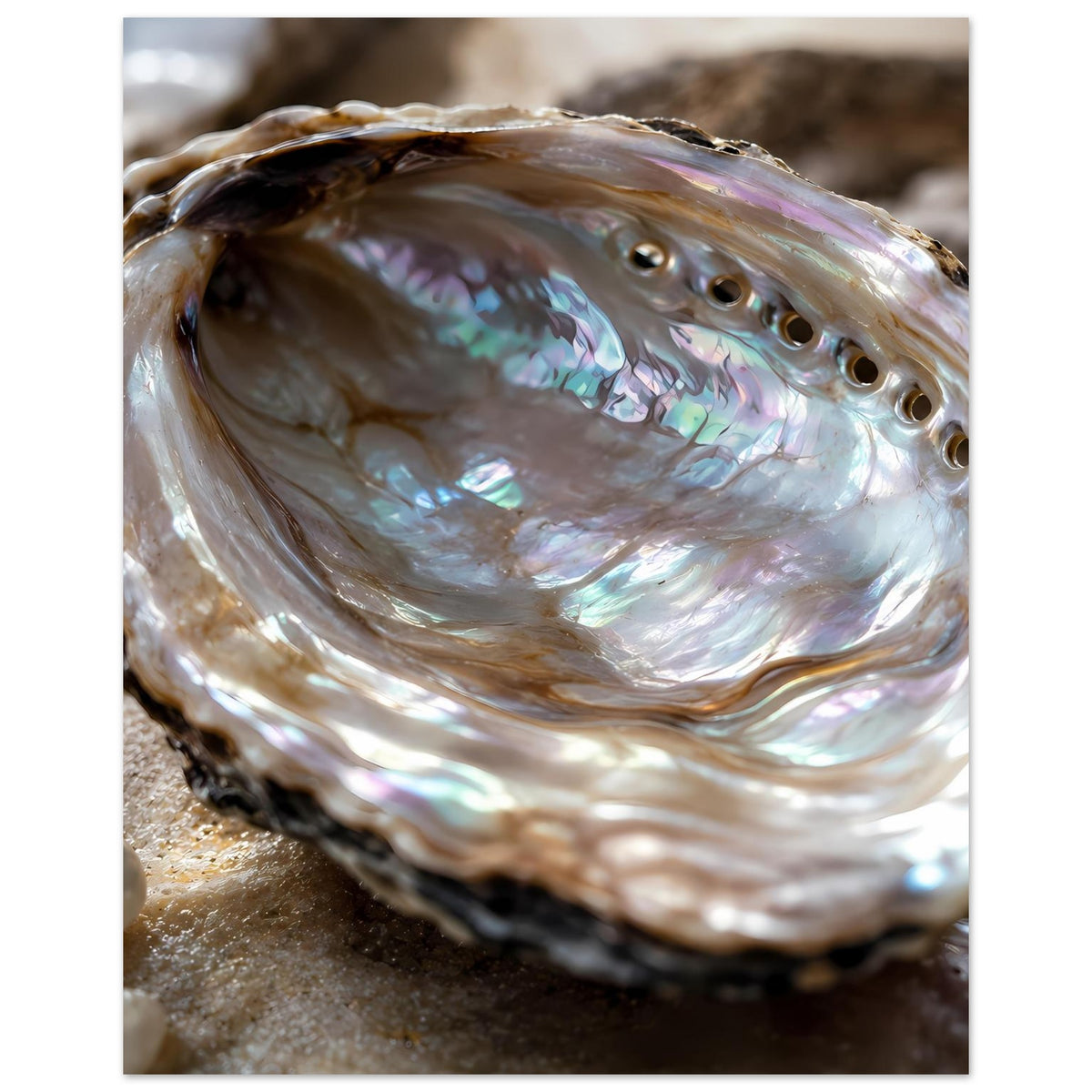 Poster mit Abalone-Muschel, weißlicher Perlmuttglanz, braune Kante und sichtbare Öffnungen