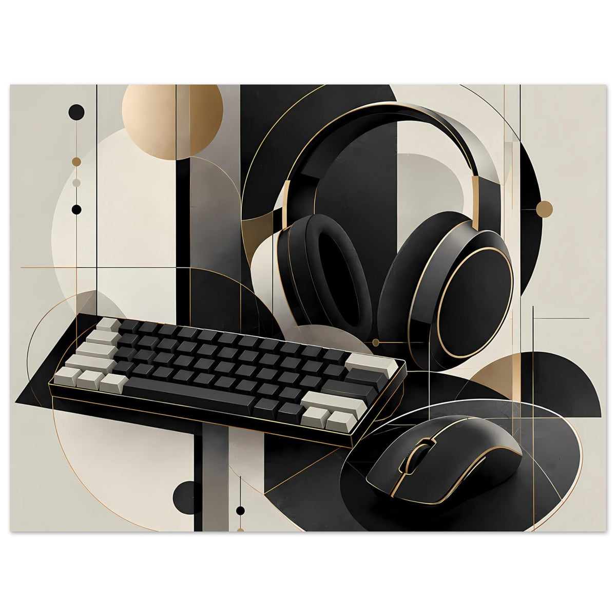 Gaming-Poster im Querformat: Headset, Tastatur und Maus, abstrakte Kreise und Streifen