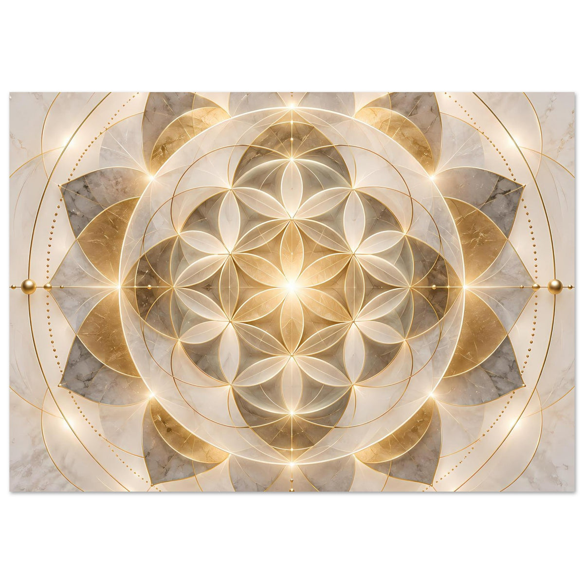 Quadratisches Poster mit goldener Mandala-Blume und kreisförmigen Ornamenten, schimmernd