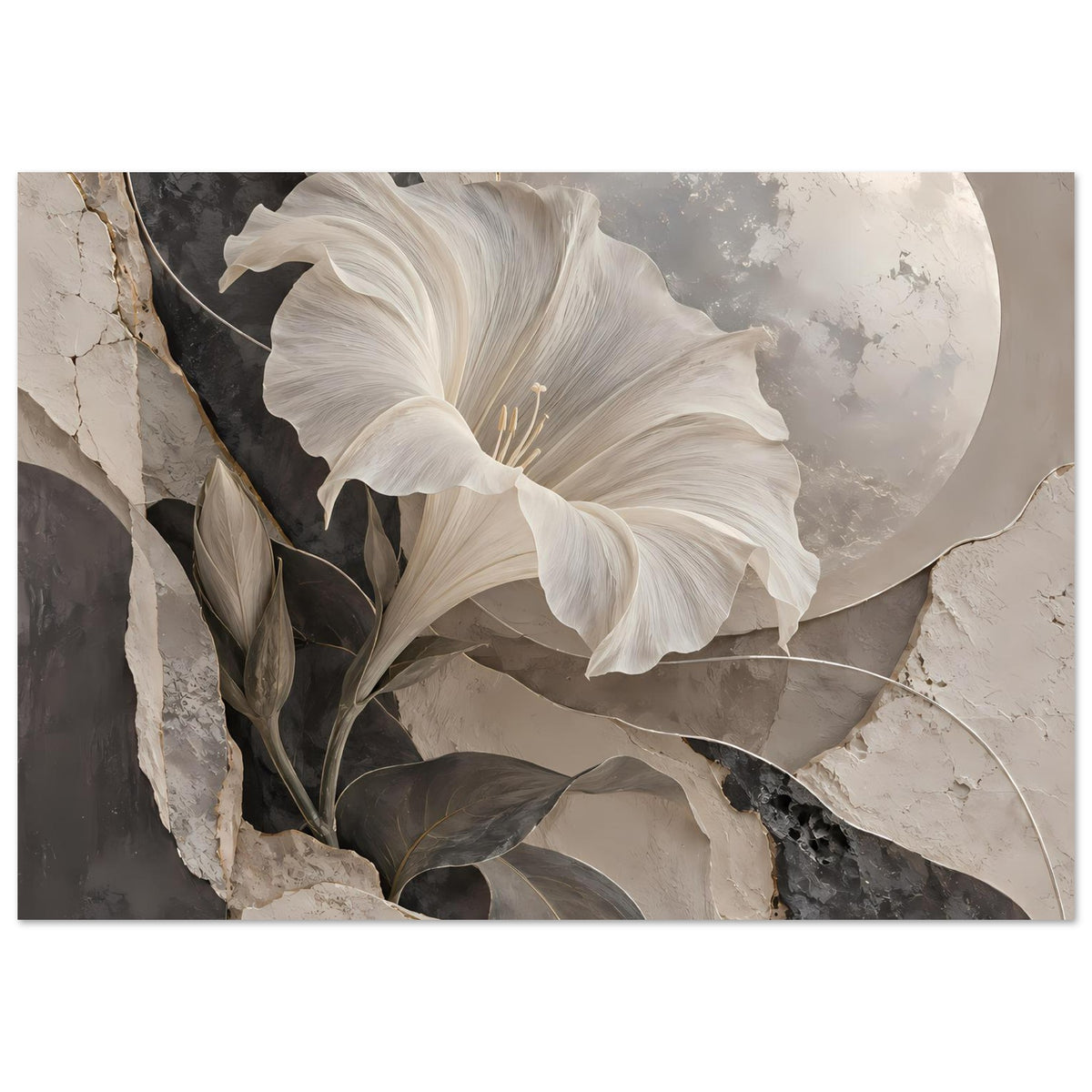 Kunstposter: weiße Lilienblüten und großer Mondkreis, kombiniert mit abstrakten Steinen