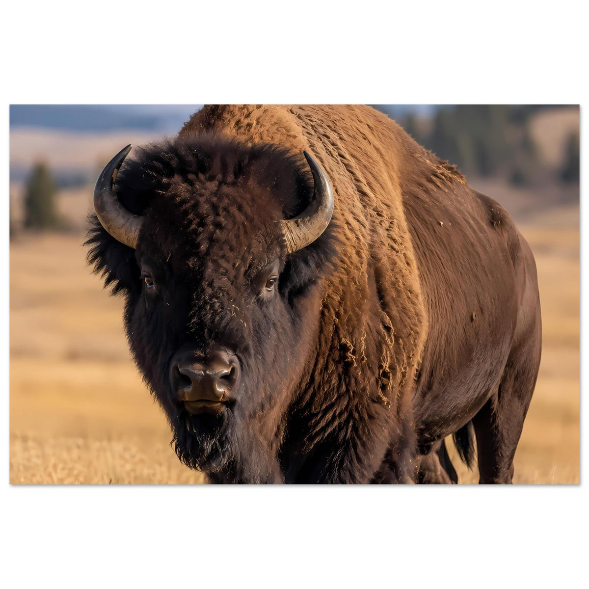Bison-Wildtierposter mit Brust und Kopf, dunkles Gesicht, braunes Fell, Nahaufnahme