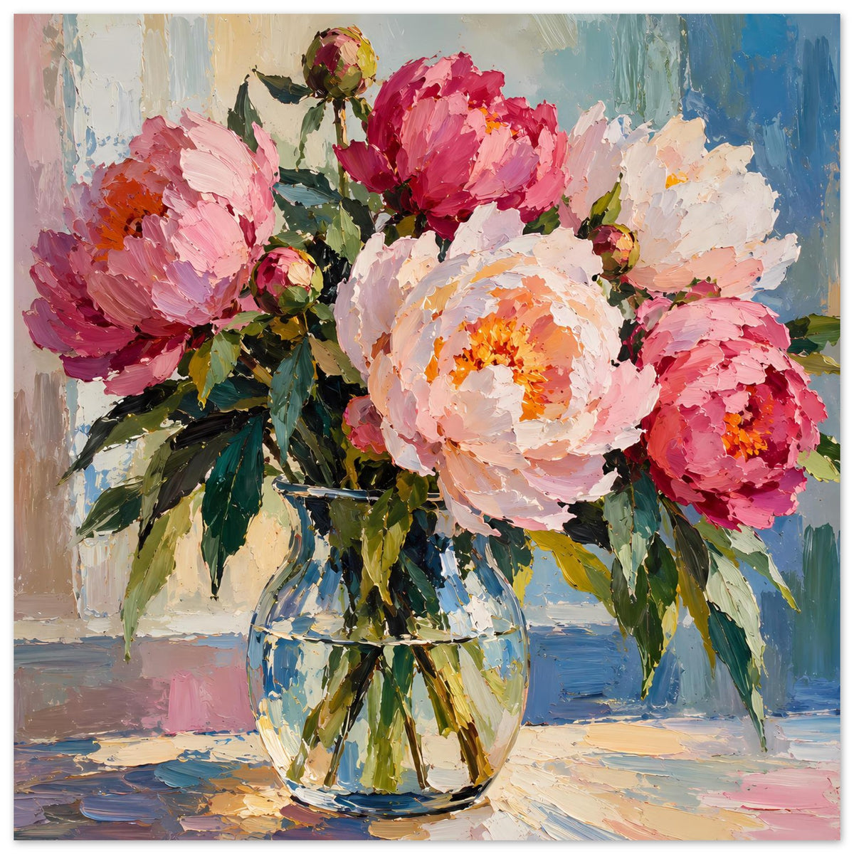 Blumenposter: Pfingstrosen in Vase, Ölmalerei-Stil, breit, vollständige Ansicht