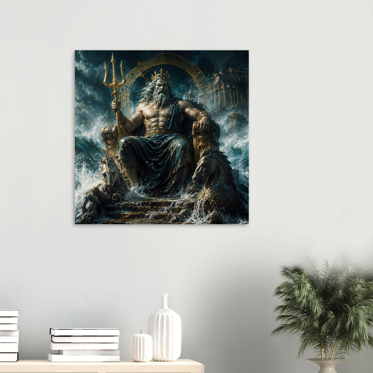 Wandposter mit Meeresgott-Figur auf Thron, Dreizack, dunkles Gewand, Pferde, blau.