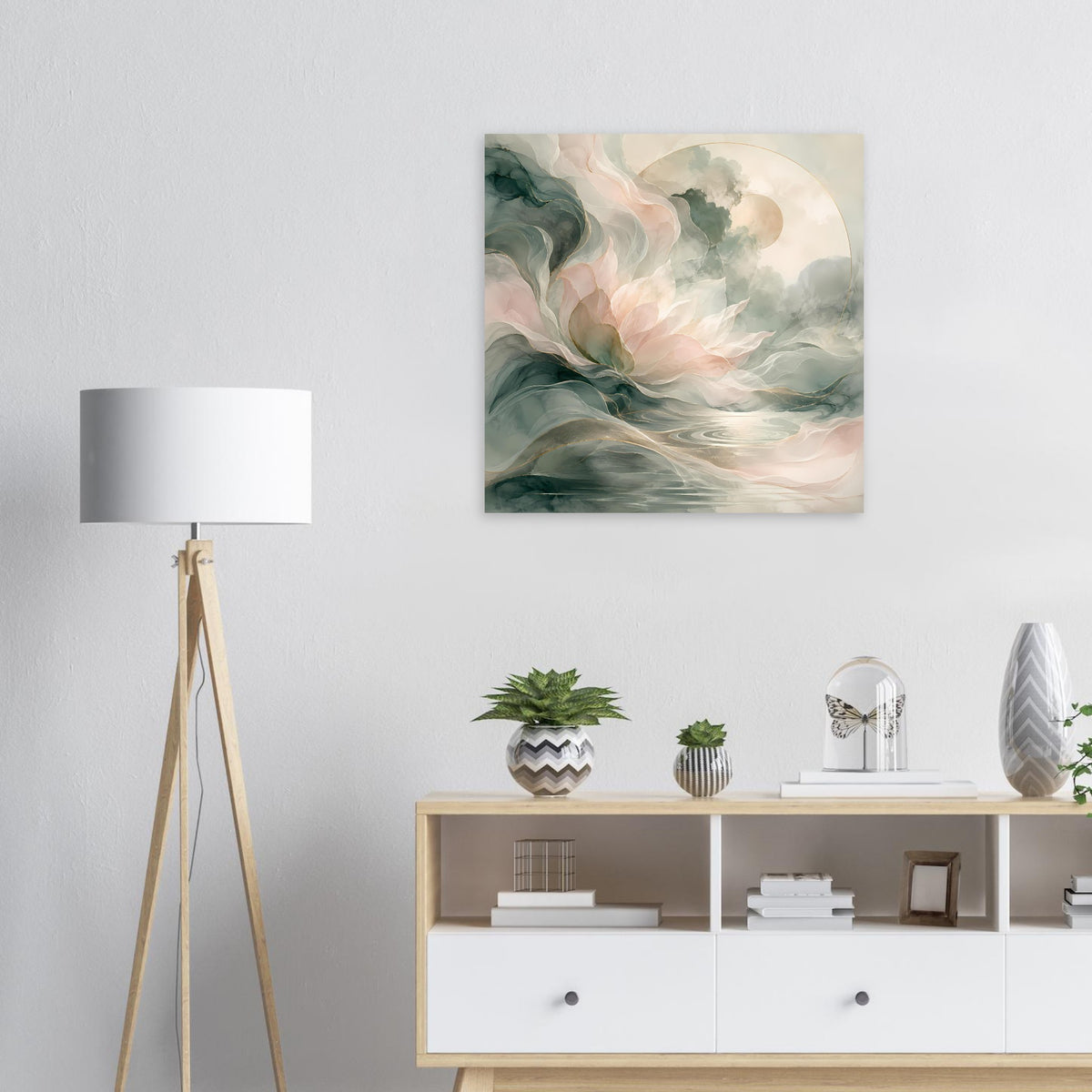 Blumiges Wandposter mit abstrakten Wellen in Grün, Rosa und Creme auf mattem Papier