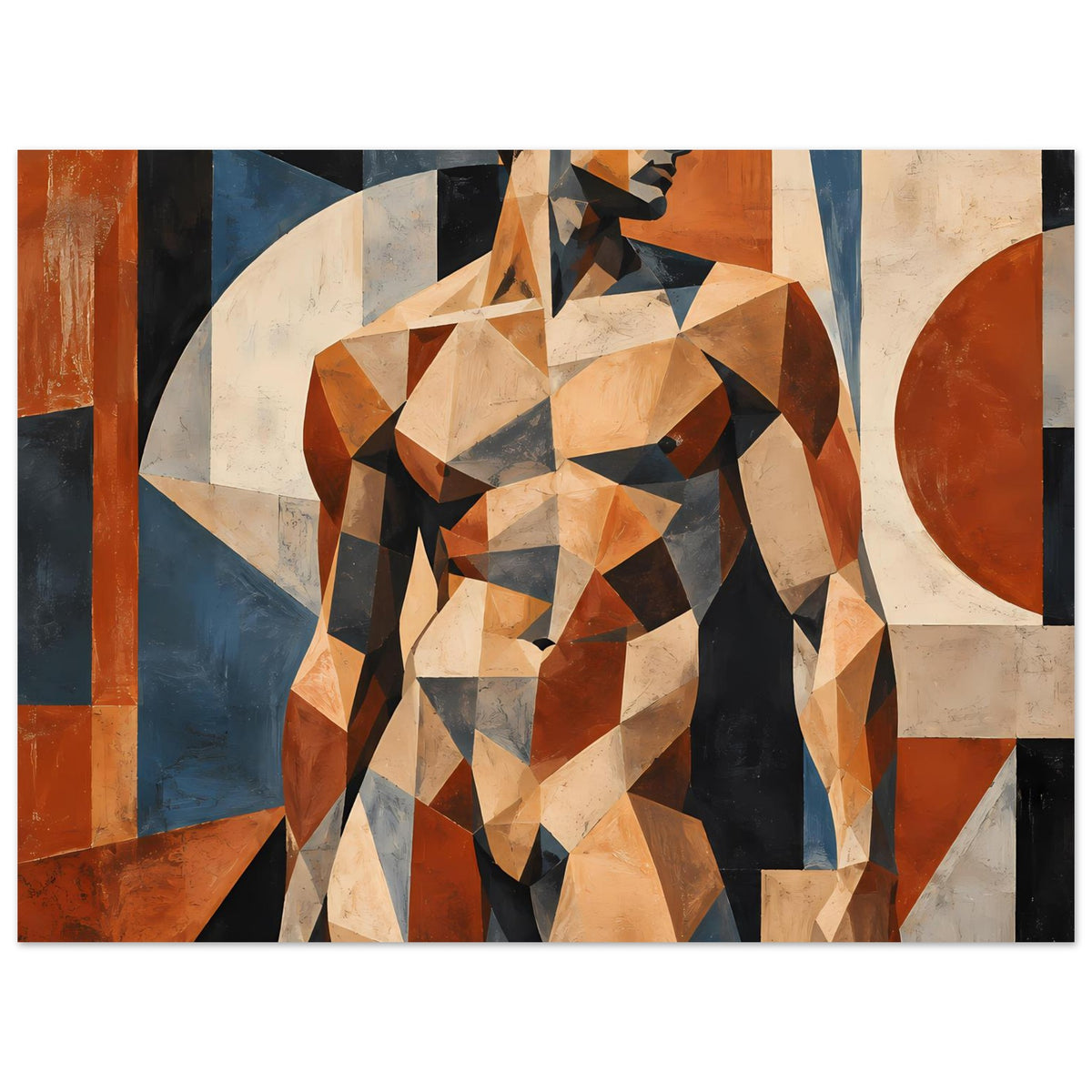 Posterdruck: geometrische Aktfigur (Mann) mit Kreisform im Hintergrund, warm und dunkel