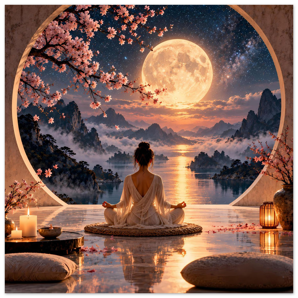 Zen-Meditationsposter: Meditierende auf Kissen vor Mondmeer, Kirschblütenzweigen und Kerzenlaterne