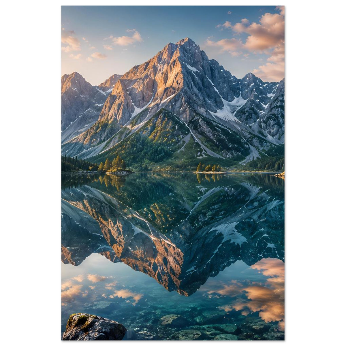 Landschafts-Poster mit Alpenbergen und spiegelndem See, vertikal