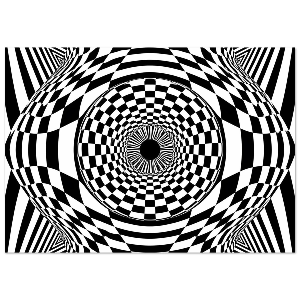 Horizontales Poster mit zentralem Schachbrett-Kreis im hypnotischen Wirbel