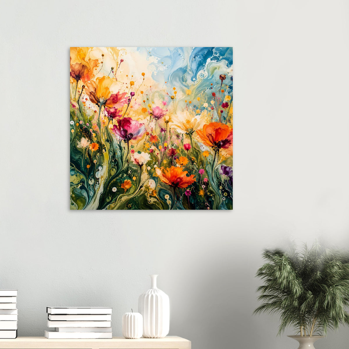 Abstraktes Blumenposter im Quadratformat mit bunten Blüten und Punkten, im Rahmen