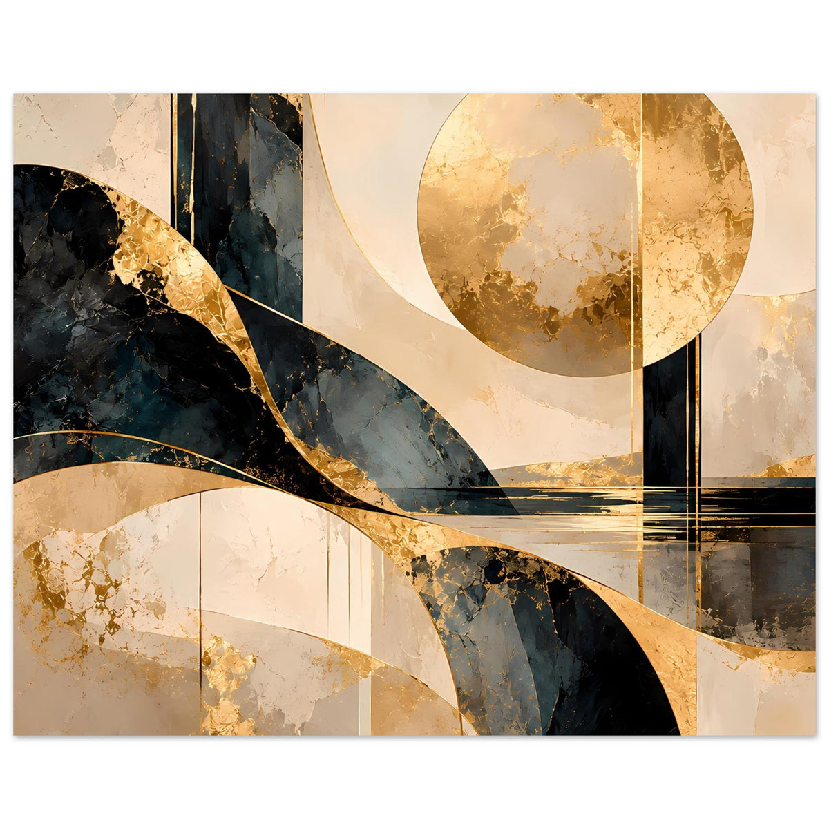 Horizontales abstraktes Poster mit gold-schwarzen Rundungen und mehrschichtigen Linien