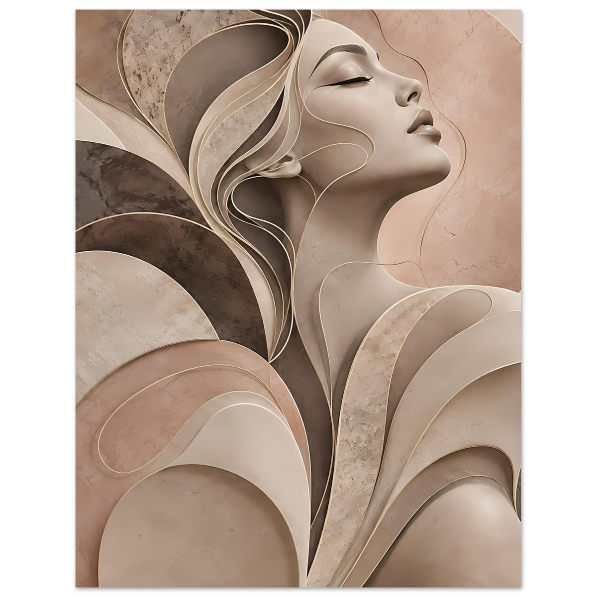 Abstraktes Poster mit Seitenansicht einer Frau, geschichtete Bögen in sanften Erdtönen.