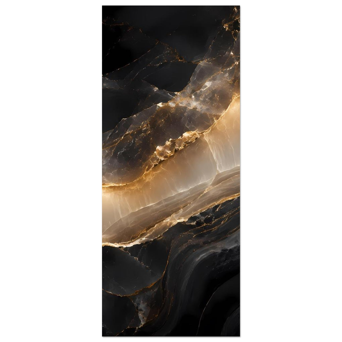 Abstraktes Marmorposter im Hochformat: dunkler Stein mit goldenen Adern und hellen Wellen