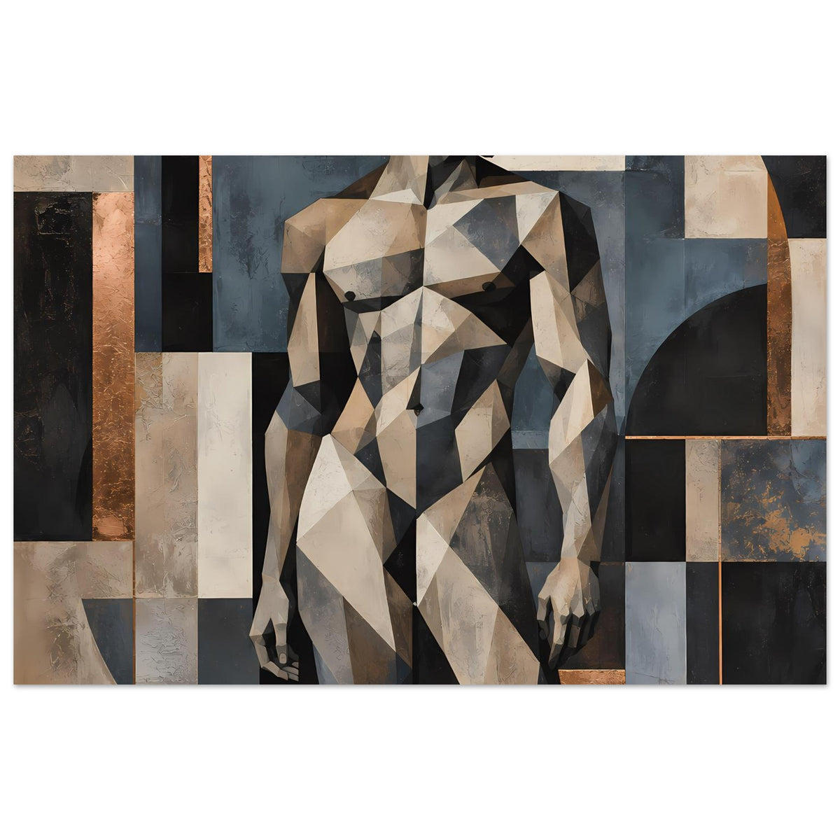Kunstposter mit geometrischer Aktfigur: polygonale Frau in Beige, Grau und Dunkelbraun