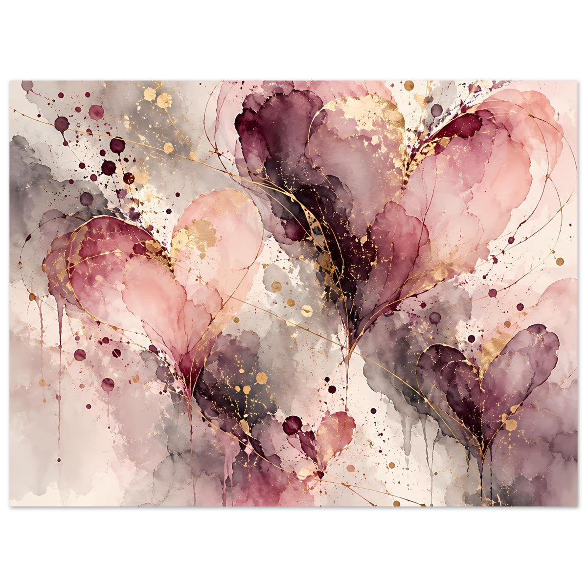 Kunstposter mit Herzabstracts in Rosatönen, Lila und goldenen Sprenkeln, horizontal