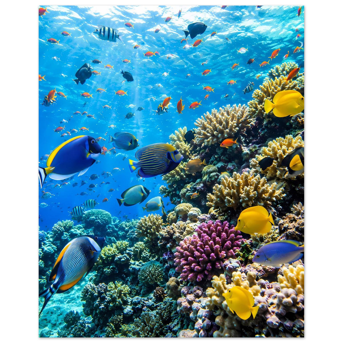 Unterwasser-Fischposter mit Korallenriff: viele Fische über bunten Korallen