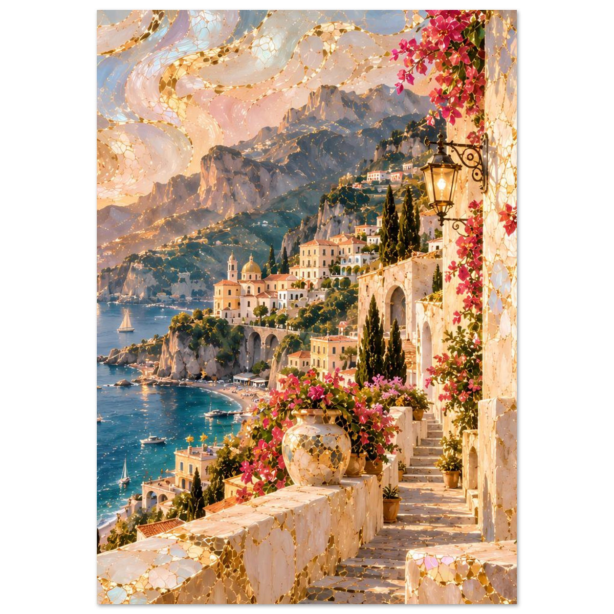 Küstenposter im Hochformat: Blick auf Küste mit Häusern, Meer, Blumen und goldener Gasse