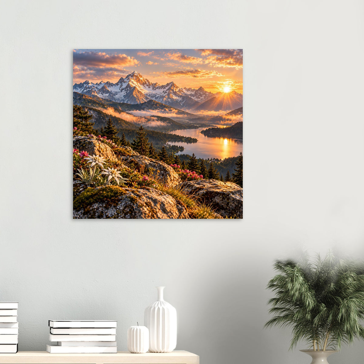 Kleines quadratisches Landschaftsposter mit Sonnenaufgang über Bergen und See, Felsvegetation