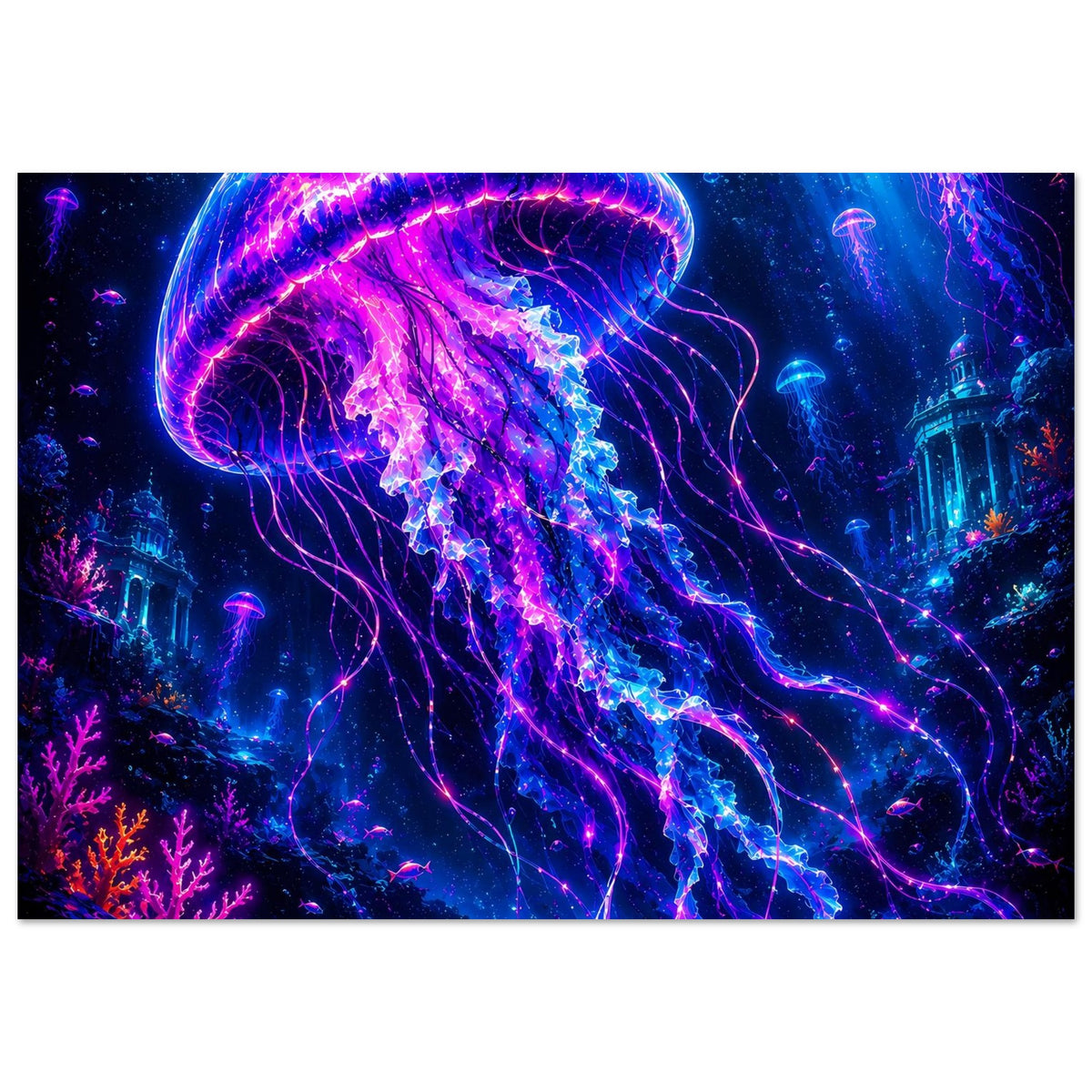 Poster mit leuchtender Qualle im Neon-Design, violett-blau leuchtende Tentakel