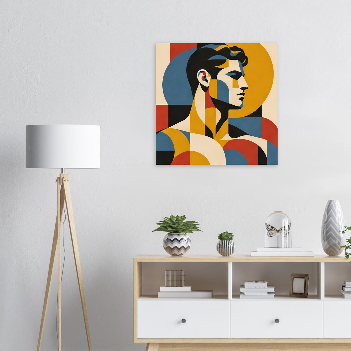 Quadratisches Porträtposter im Rahmen mit geometrischer Frau im Retro-Farbschema