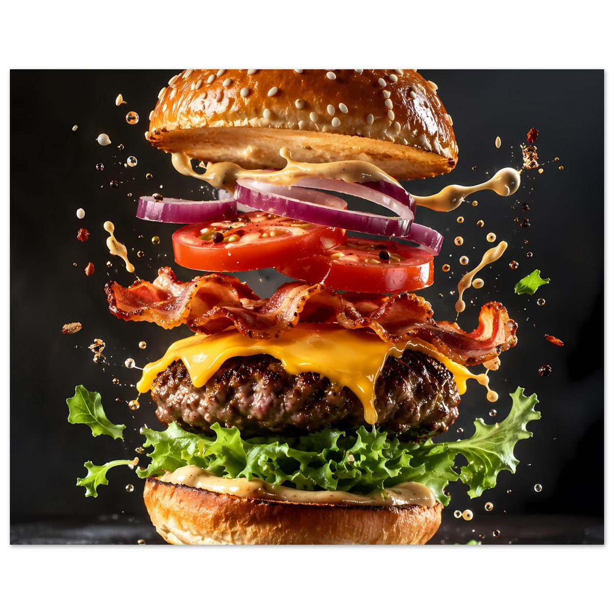 Burger-Poster mit Explosion: überlagerte Zutaten mit gelbem Käse, roter Tomate und Salat-Spritzern