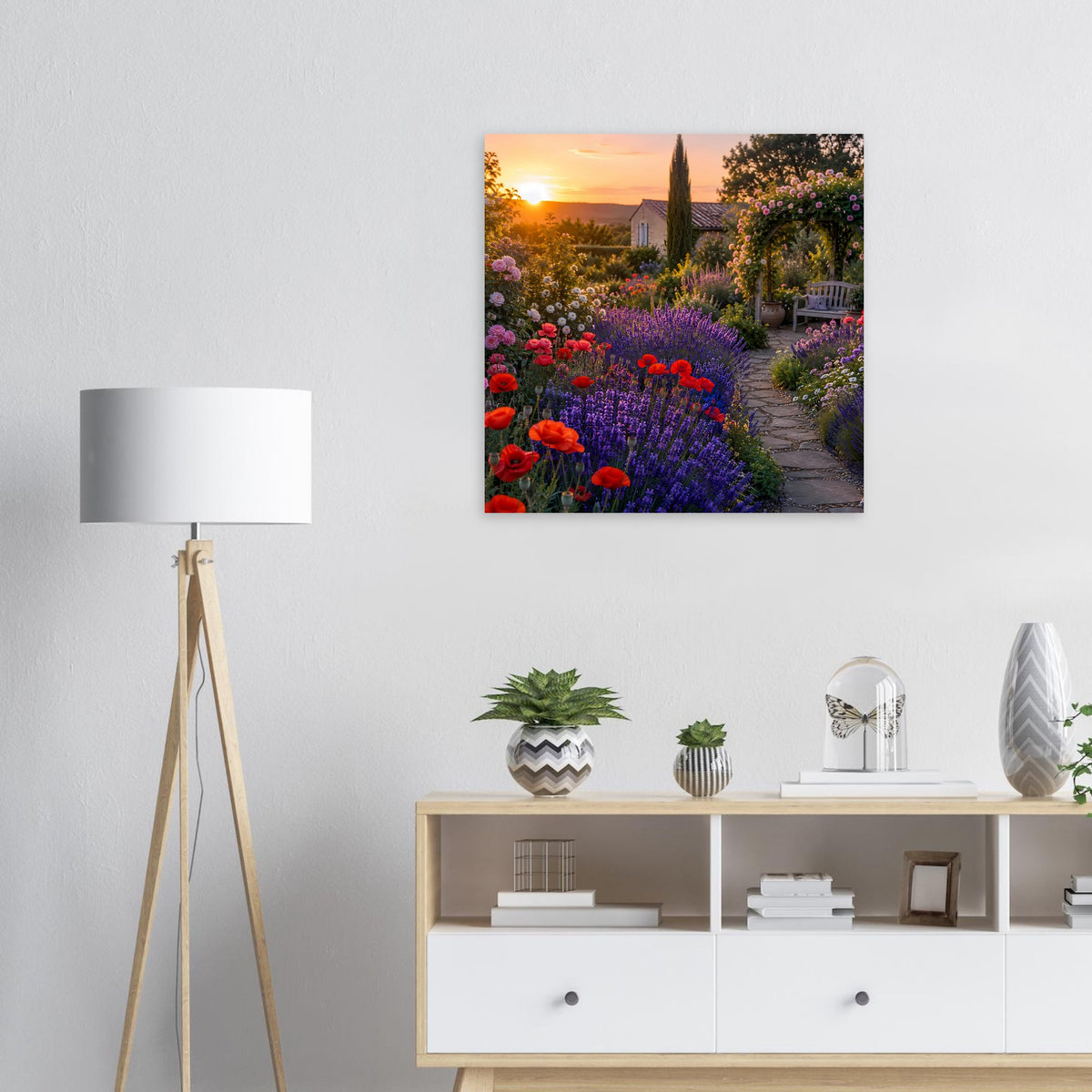 Romantisches Sonnenuntergang-Gartenposter mit Blumenbeet, Gartenweg und Kirche im Hintergrund