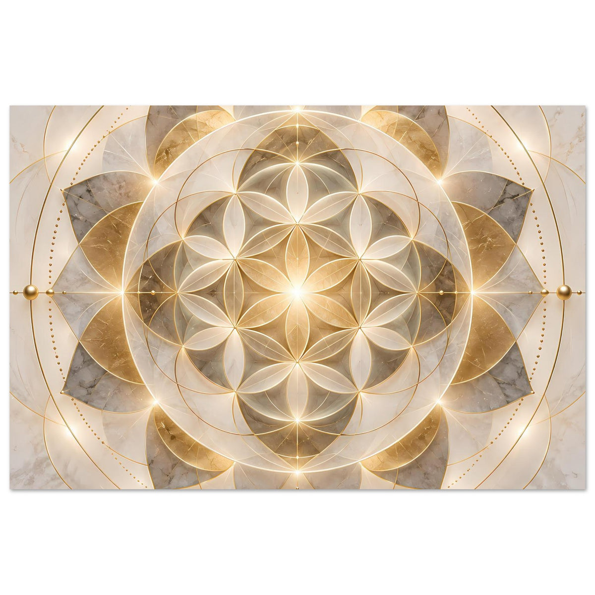 Goldenes Mandala-Ornament-Poster mit gold-grauen Segmenten und strahlendem Mittelpunkt