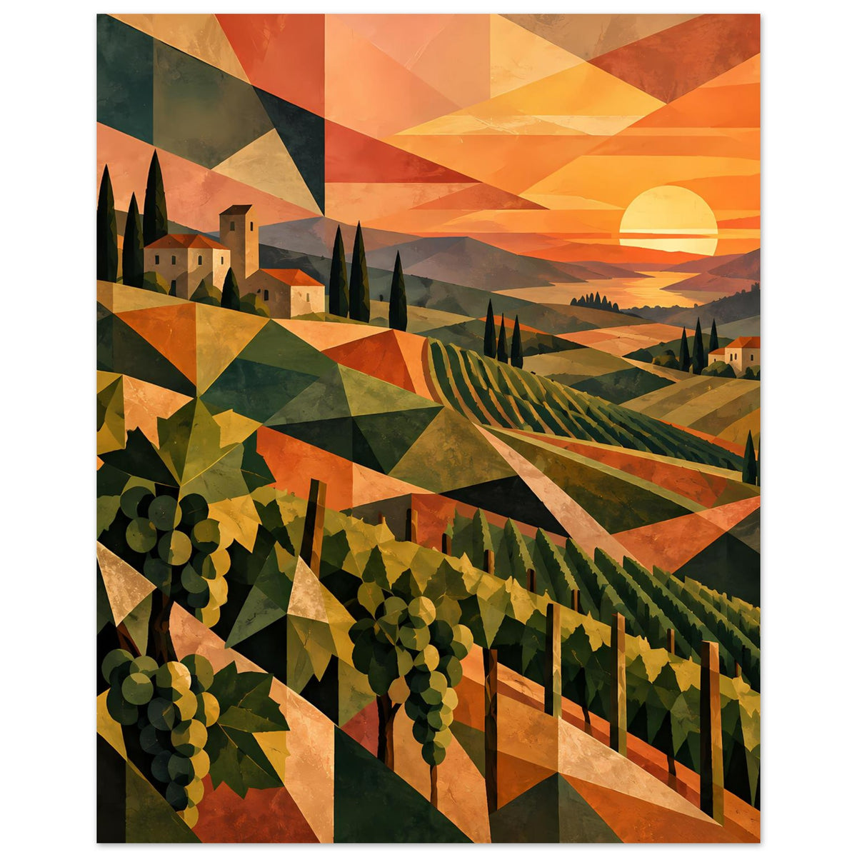 Vertikales Poster mit Weinberg-Panorama, geometrischen Dreiecken und tiefem Sonnenuntergang