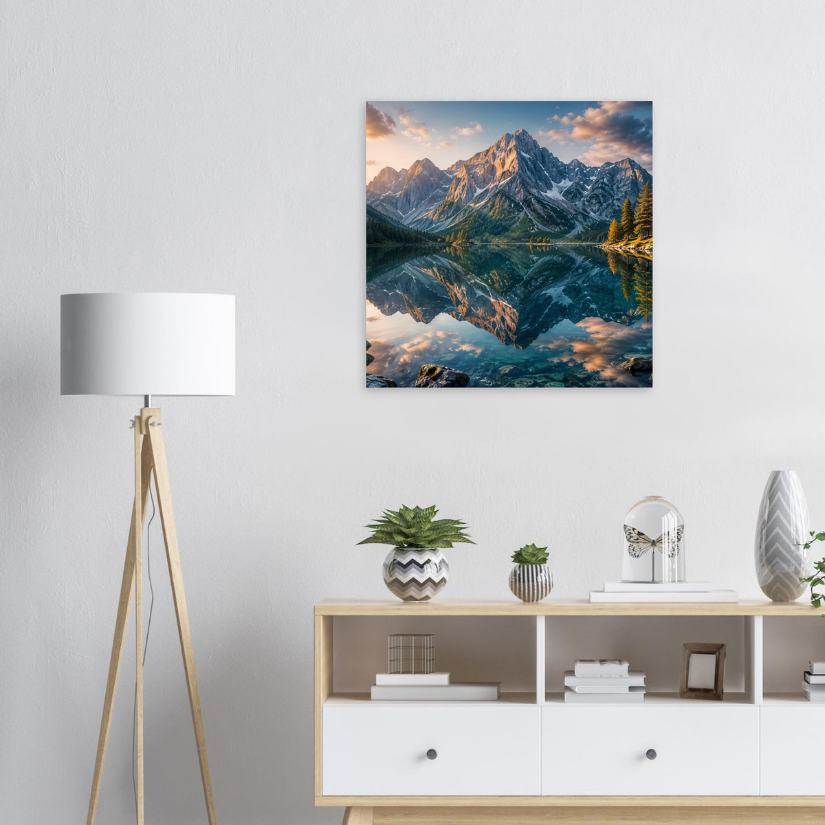 Landschaftsposter mit Alpen-Bergspitzen und spiegelndem See, Abendstimmung, quadratisch