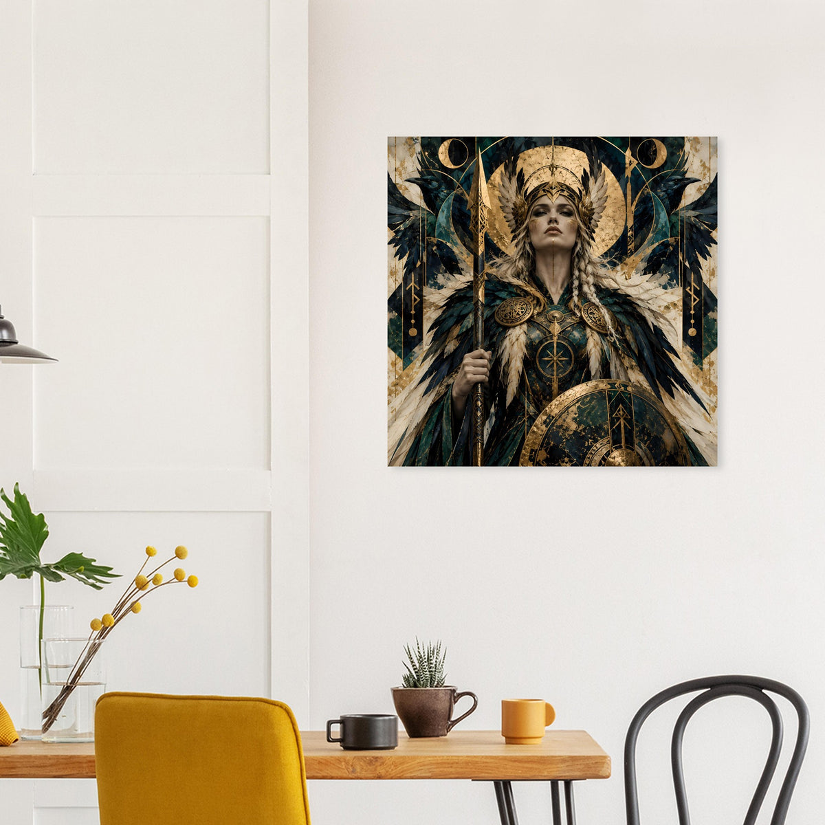 Wandbild-Poster mit nordischer Kriegerin, dunklem Petrol-Outfit und goldenen Mustern