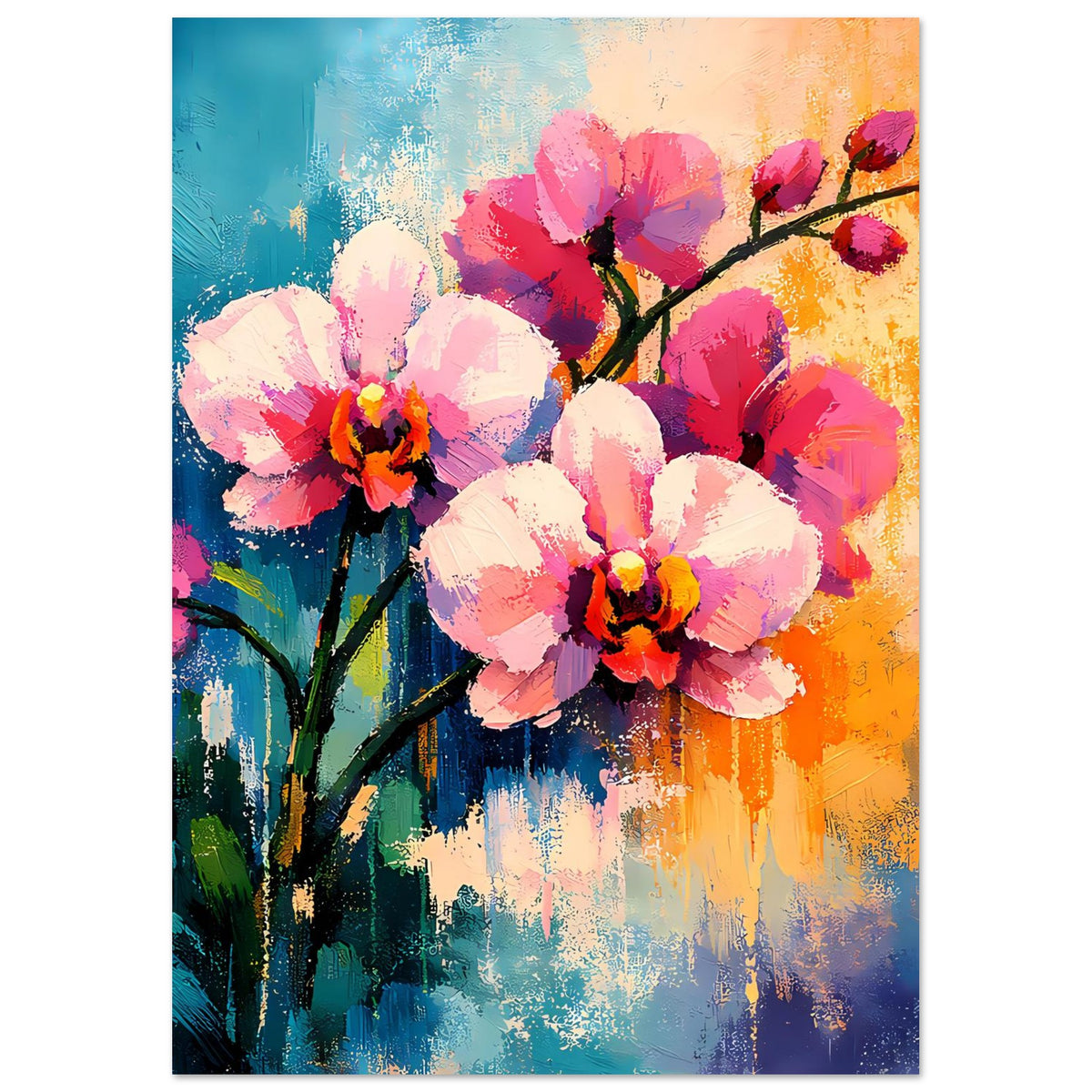 Senkrechtes Blumenposter: Orchideenblüten in Rosa, Rot und Weiß, farbige Pinselstriche