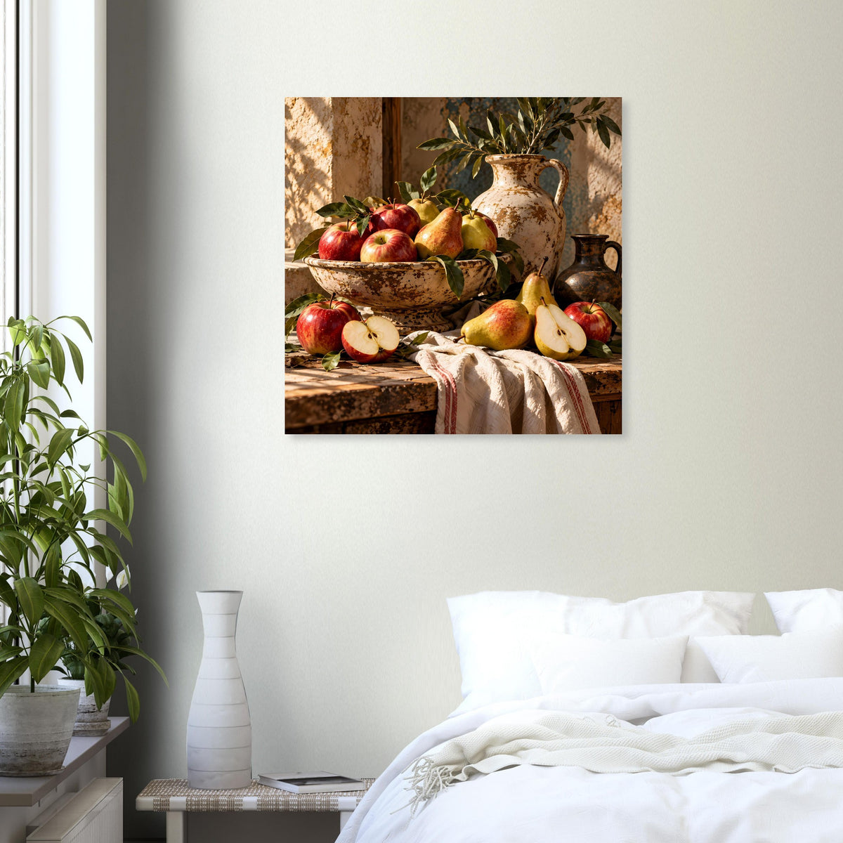 Poster mit Stillleben: Obstschale, Birnen und Keramikvase mit Pflanzen, warmes Herbstmotiv