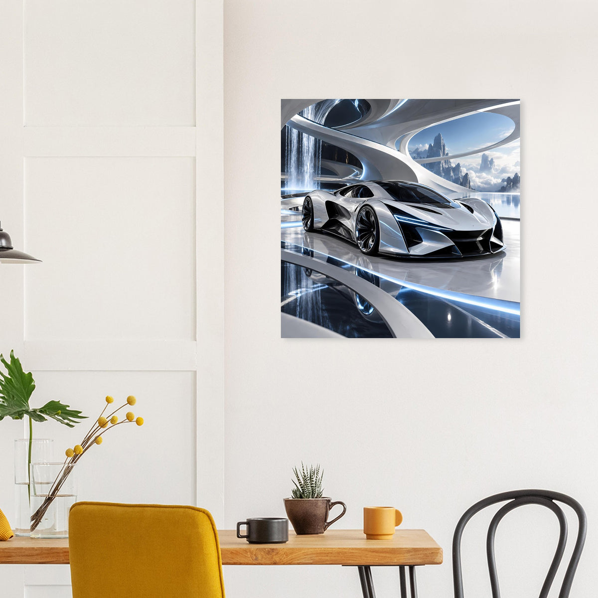 Quadratisches Poster mit silbernem futuristischem Supersportwagen und Lichtstreifen