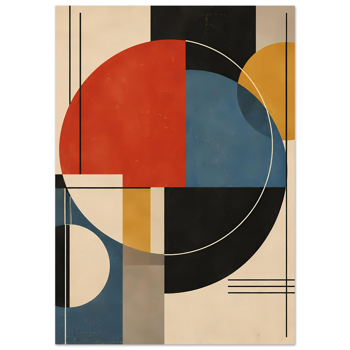 Vertikales Poster: schwarzer Bogen, blaues Feld, roter Bereich und gelber Kreis.