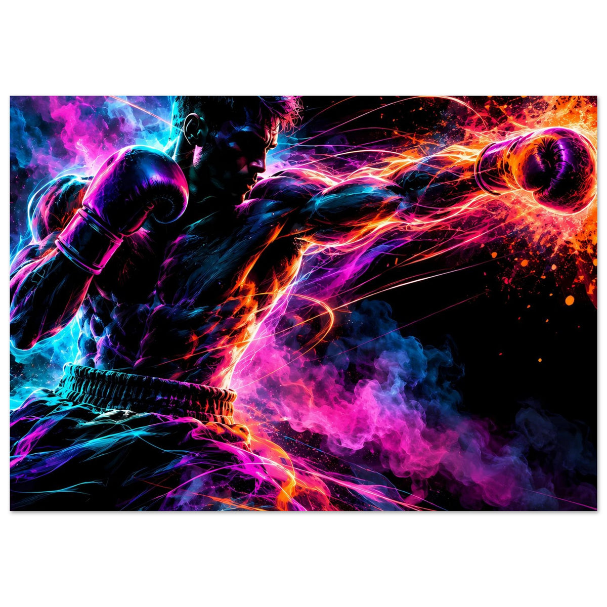 Neon-Boxer-Poster im Querformat, schwarzer Rahmen: Boxer-Silhouette, Rauch und Lichtspuren