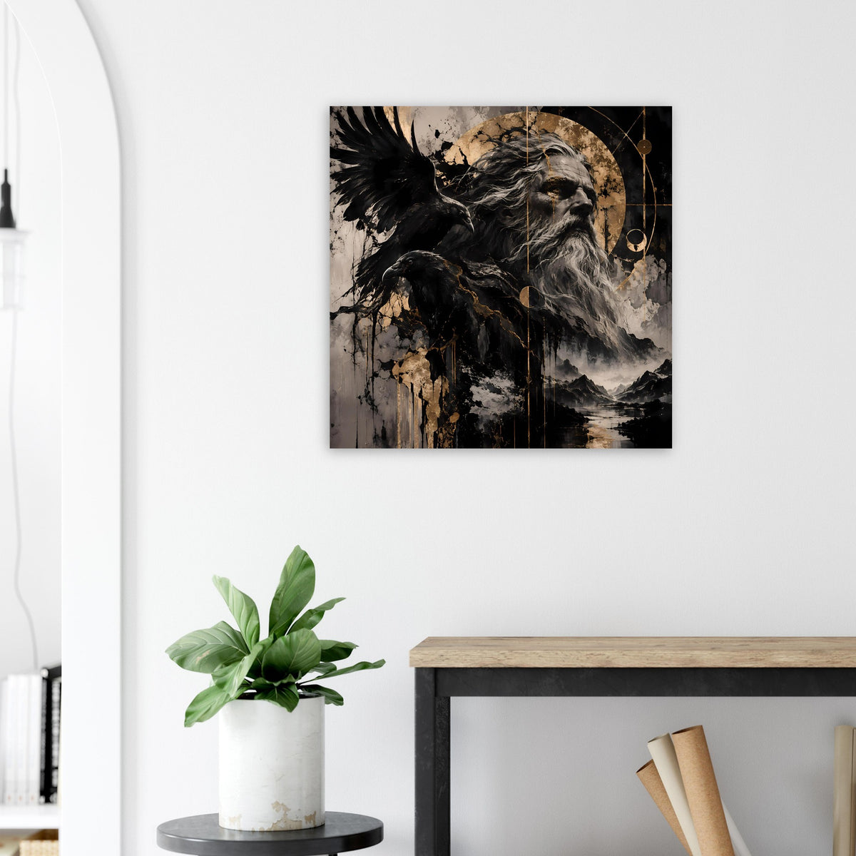 Poster mit Raben und nordischem Gott, Schwarz-Grau-Grafik mit hellen Beige-Highlights
