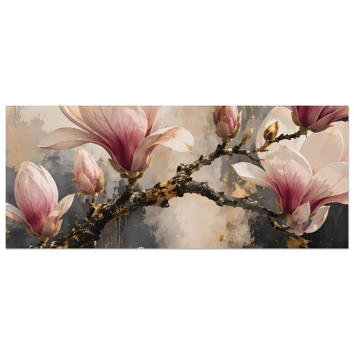 Horizontales Poster mit Magnolienblüten und goldfarbenen Akzenten am geschwungenen Zweig