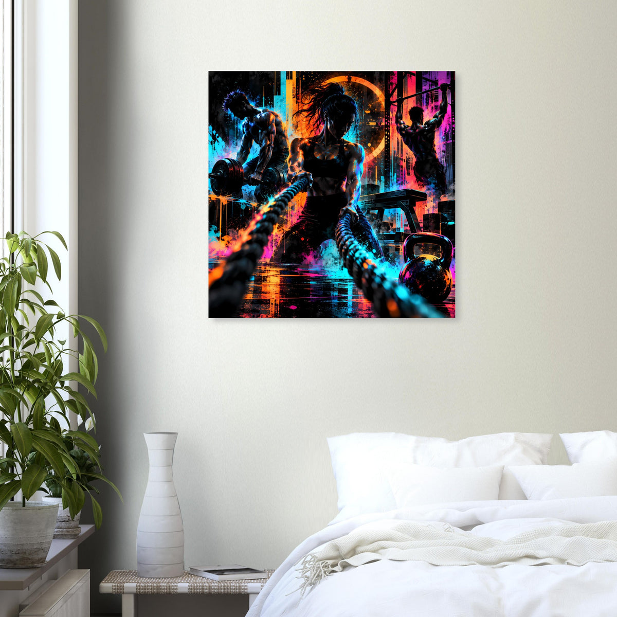 Quadratisches Neon-Fitness-Poster: abstraktes Neon-Action-Motiv mit Sport-Silhouette in Blau/Orange