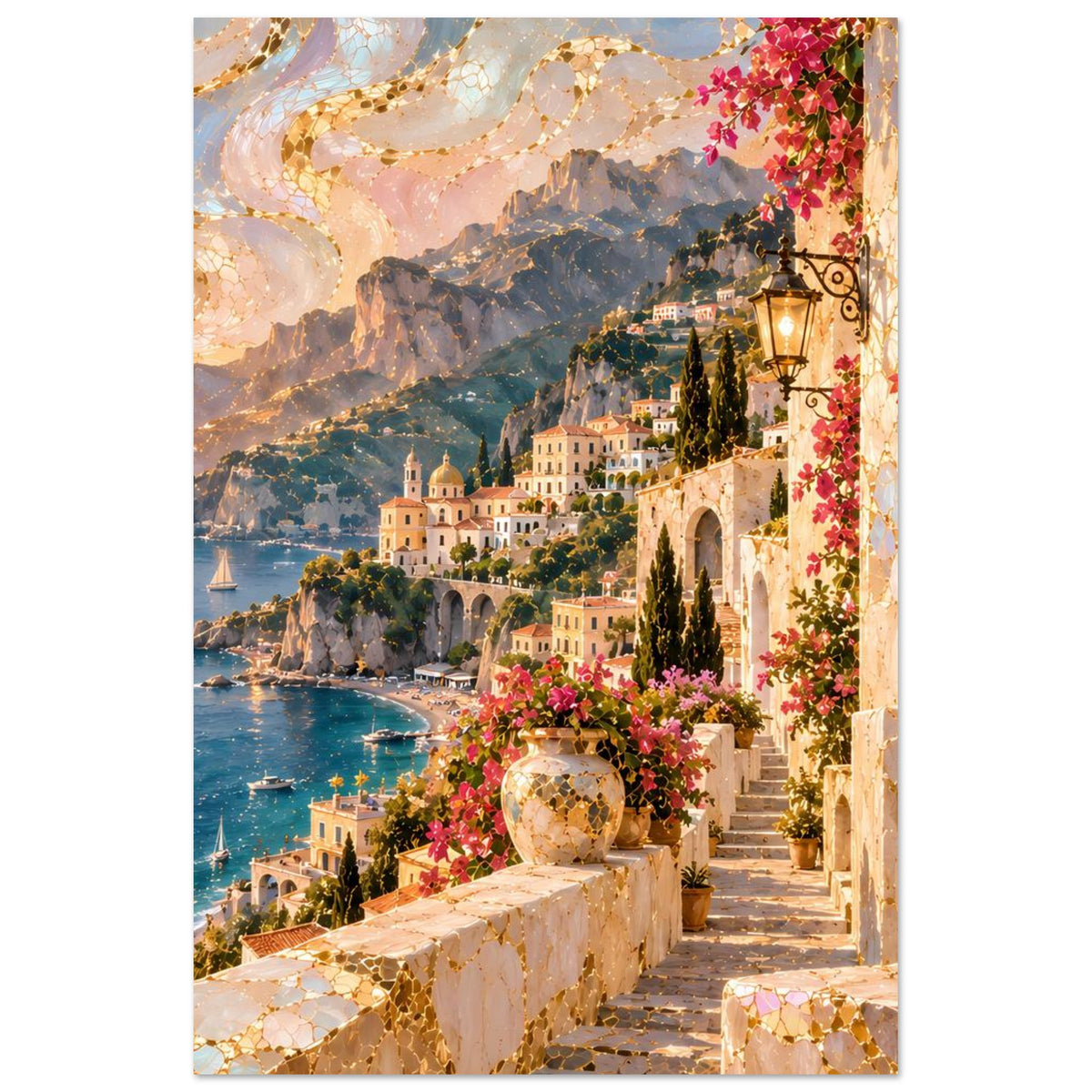 Vertikales Küstenposter mit Blick auf mediterranes Dorf am Meer, Berge und blühende Blumen