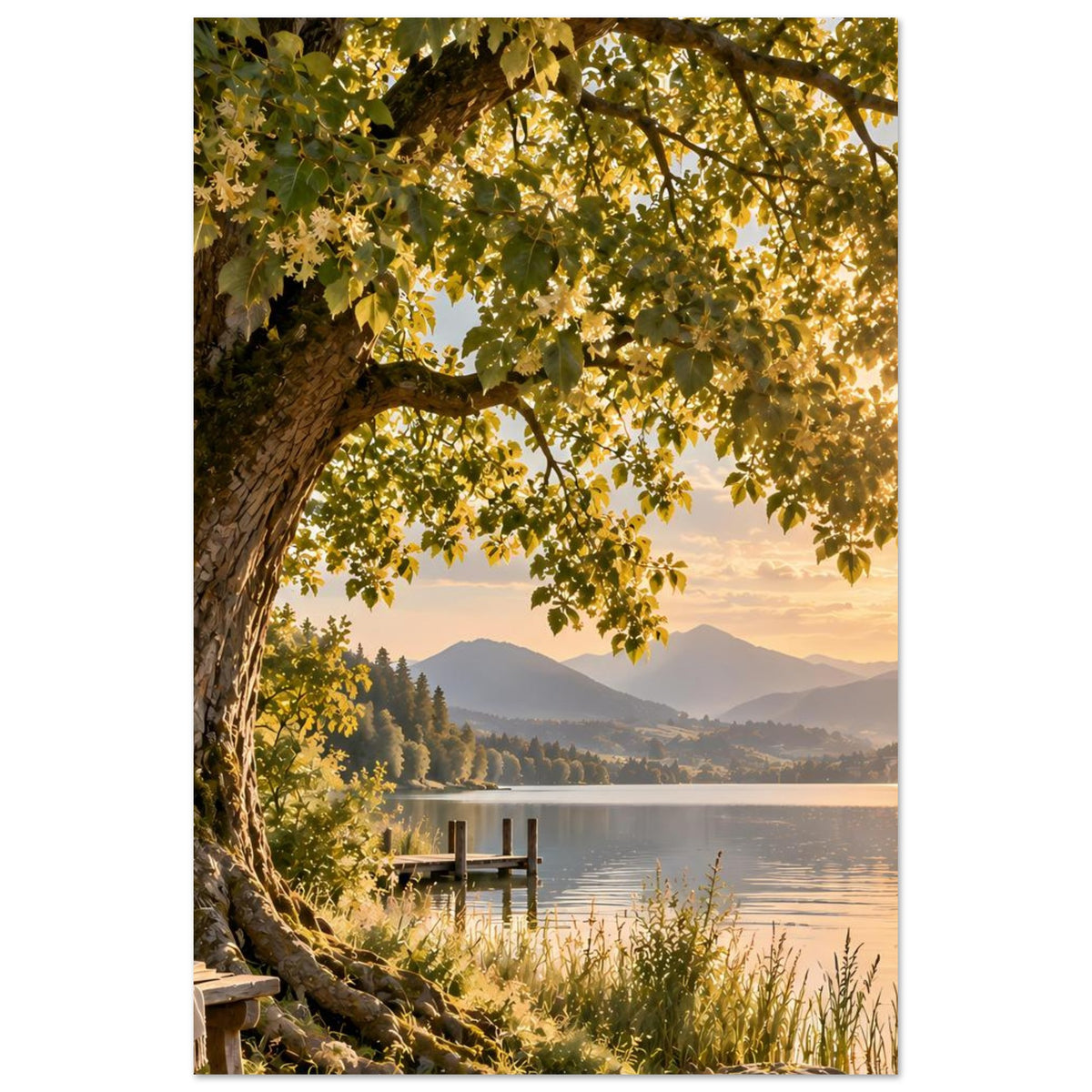 Naturposter mit Baumstamm und gelbem Laub über See, Berge im Abendlicht