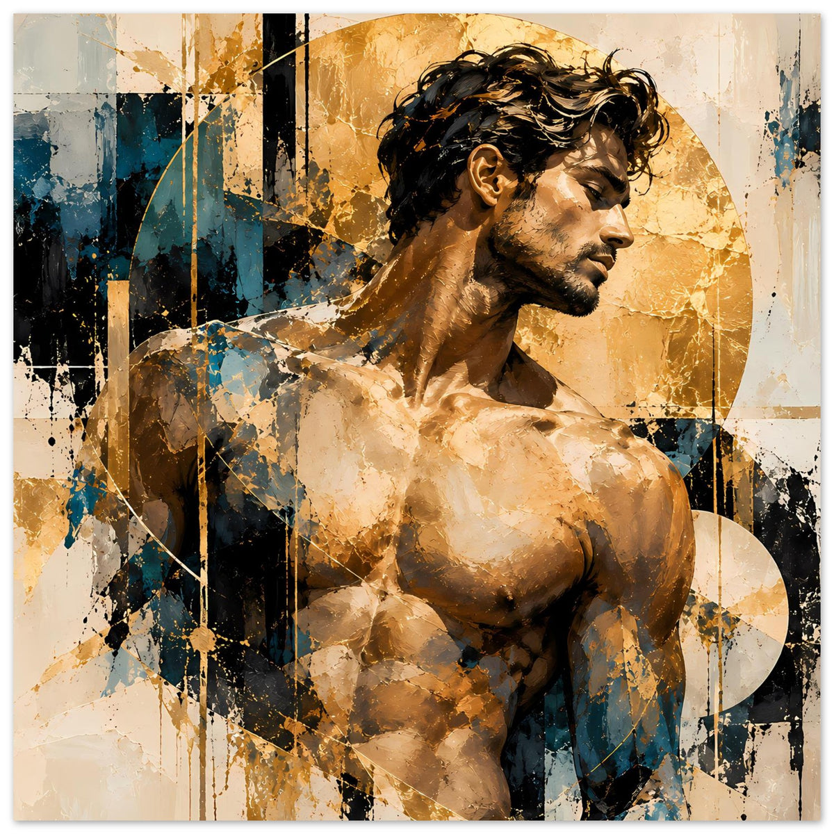 Kunstposter mit Akt-Motiv: muskulöser Mann, Gold-Highlights und Blauflächen, Seitenansicht